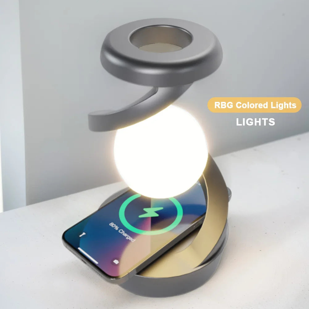 3D Levitating RGB Ball Lamp - Floating LED Night Light with Wireless Phone Charger & Spinning Moon Design